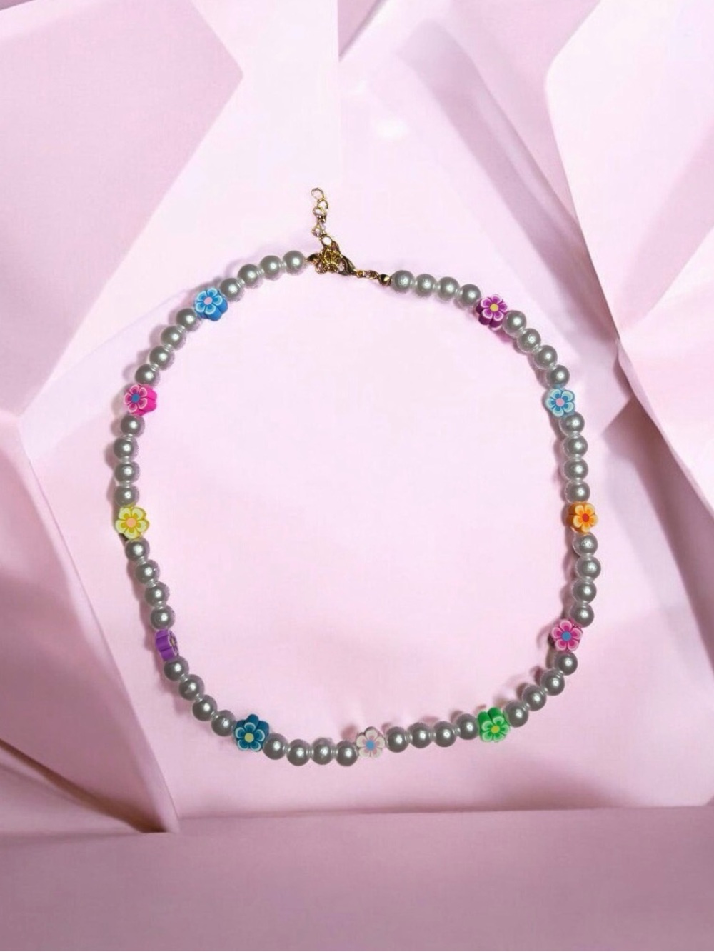 Pearl Bead Necklace with Multicolor Flower Accents